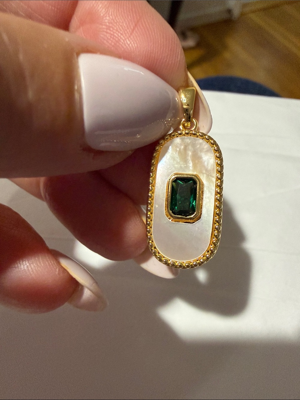 Gold-Plated Mother-of-Pearl Pendant with Emerald Green Stone